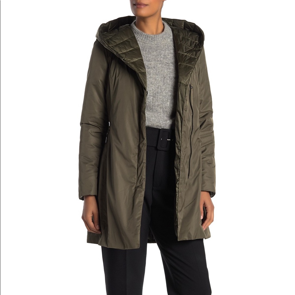 Tahari Kourt Mixed Media Hooded Jacket - Olive